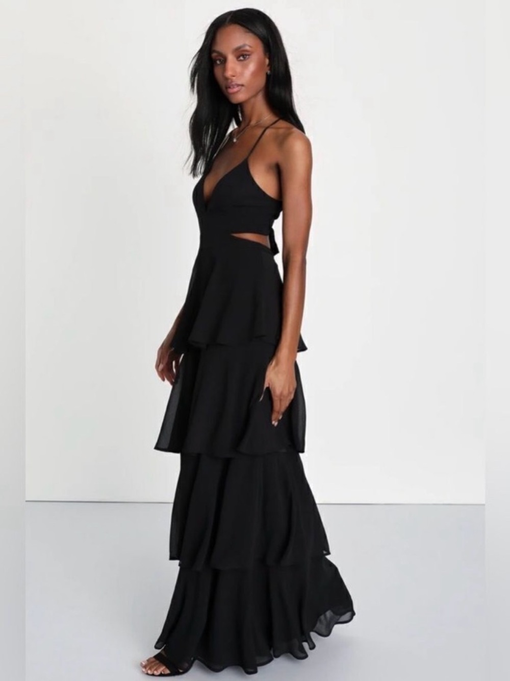 Lulus Tier and Now NWT size Small Black Tie-Back Tiered Maxi Dress - Picture 3 of 13